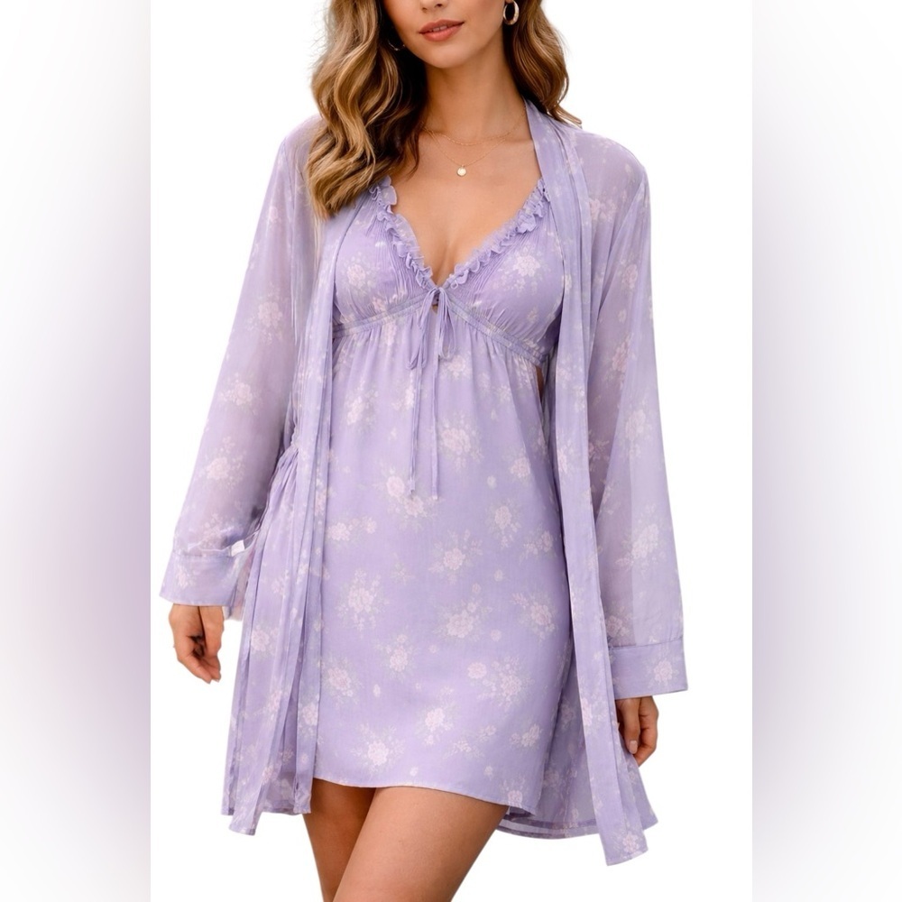 Victoria’s Secret Lavender Floral Teddy & Sheer Robe Set XS/XS-S